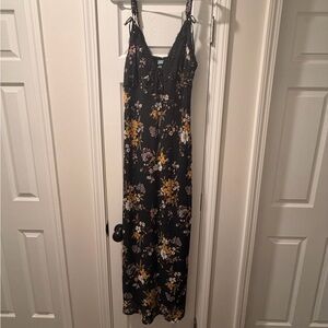 Wild Fable Black Lace-Trim Floral Slip Dress with Yellow & White Accents